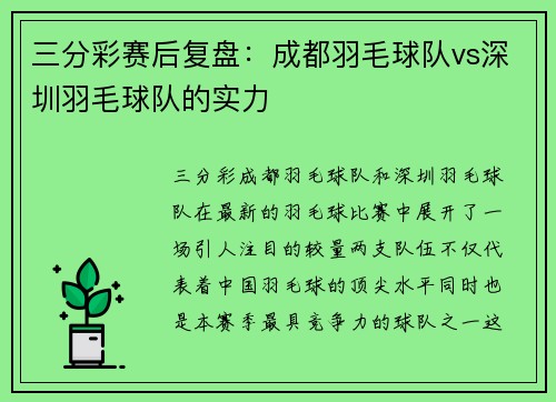 三分彩赛后复盘：成都羽毛球队vs深圳羽毛球队的实力
