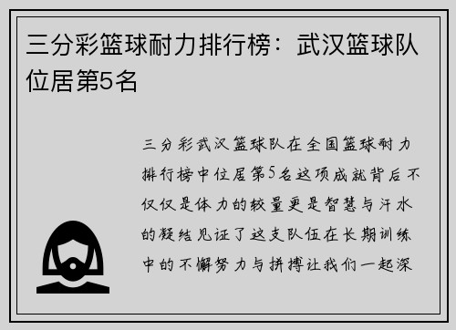 三分彩篮球耐力排行榜：武汉篮球队位居第5名