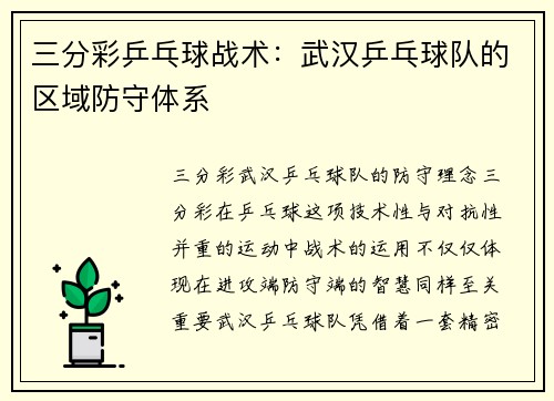 三分彩乒乓球战术：武汉乒乓球队的区域防守体系