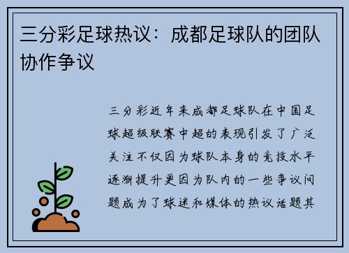 三分彩足球热议：成都足球队的团队协作争议