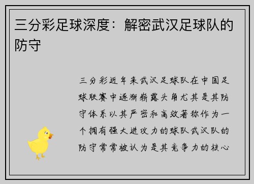 三分彩足球深度：解密武汉足球队的防守