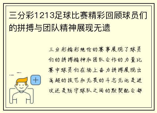 三分彩1213足球比赛精彩回顾球员们的拼搏与团队精神展现无遗