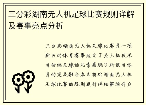 三分彩湖南无人机足球比赛规则详解及赛事亮点分析